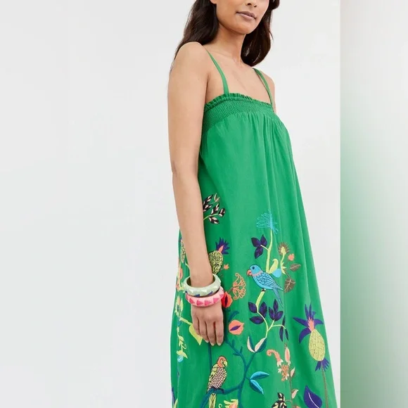 Anthropologie Embroidered Floral Green Strapless Ruffled Maxi Dress Size Medium - Picture 2 of 11
